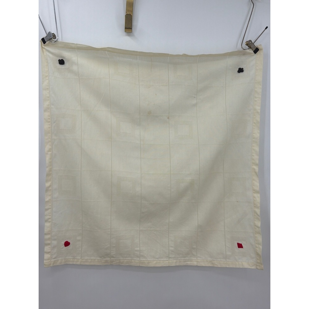 Vintage Card Suit Embroidered Square Tablecloth Cream Bridge Club Gaming 32"
